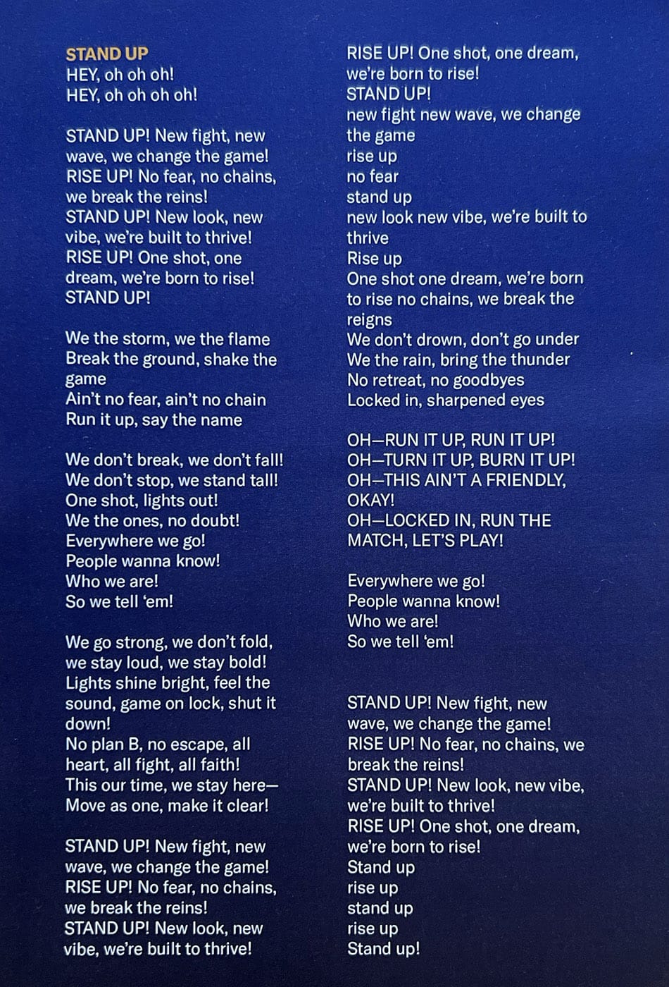 Screenshot of a very lengthy lyric sheet for "Stand Up".